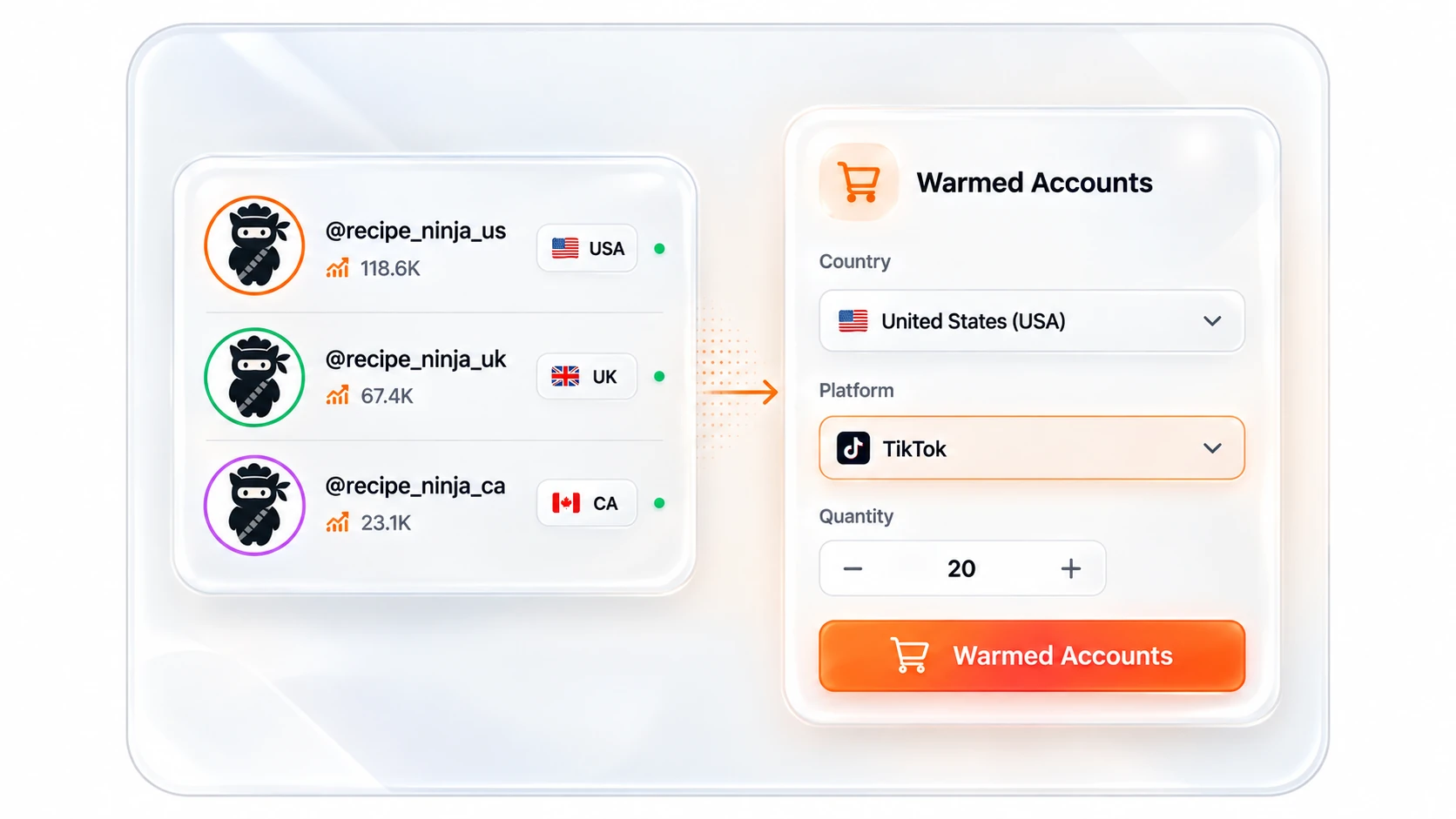 Managed accounts panel: choose country, platform and quantity
